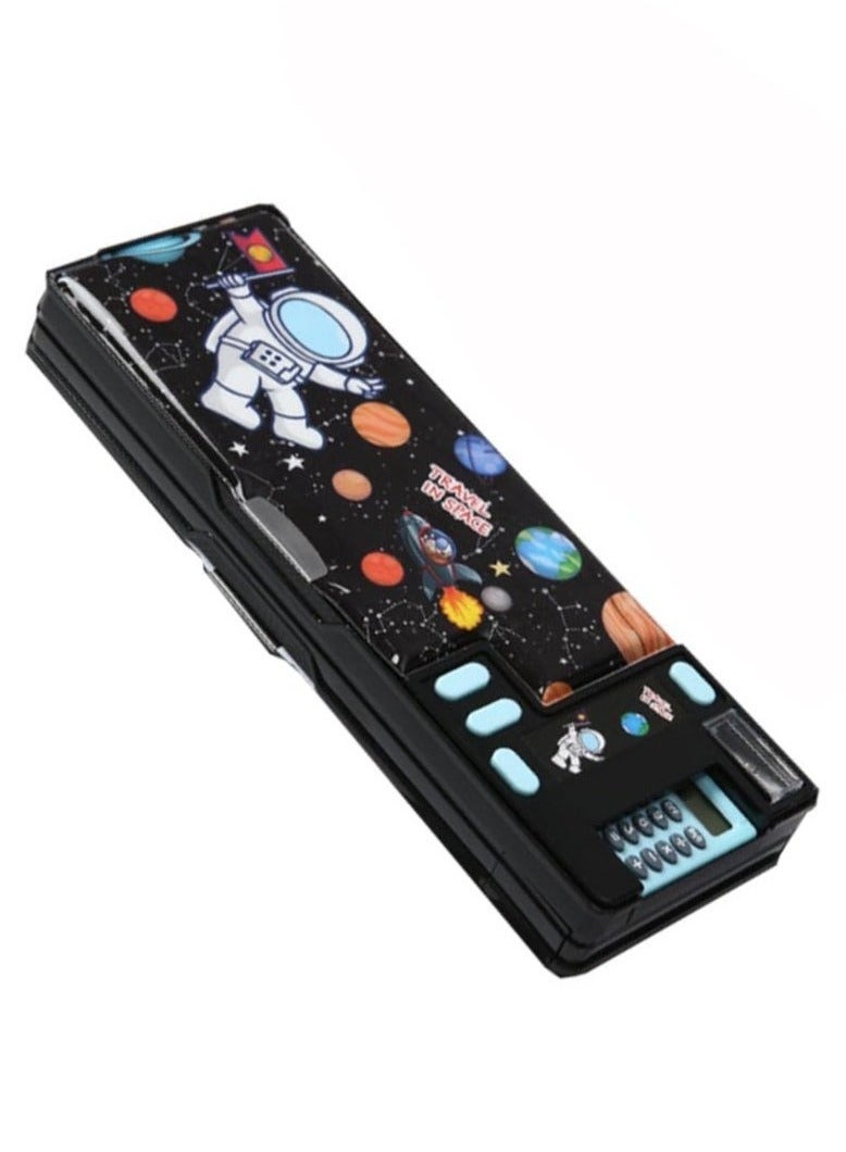 Pop Up Multifunction Pencil Case for Kids, with Calculator Sharpener Cute School Supplies Multifunction Stationery Organizer Space Gift for Kids Teens Black - Image 1