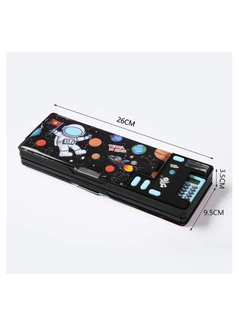 Pop Up Multifunction Pencil Case for Kids, with Calculator Sharpener Cute School Supplies Multifunction Stationery Organizer Space Gift for Kids Teens Black - Image 2