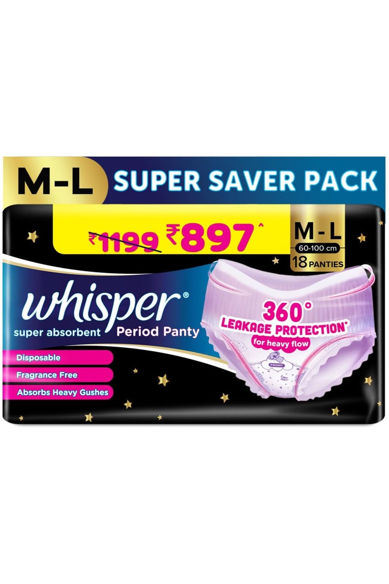 Whisper Whisper Super Absorbent Period Panty, 18 M-L Pants, 360 Degree Leakage Protection for Heavy Flow, Panty like Fit, Full back Coverage, Absorbs Heavy Gushes, Silky Soft, Comfortable Feel - Image 1