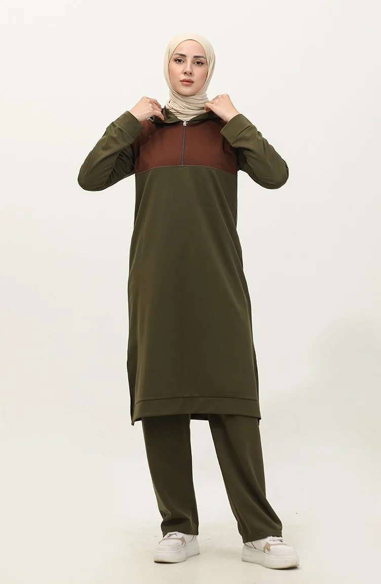 Sefa Merve Hooded Zippered Two Piece Suit 3021-02 Khaki