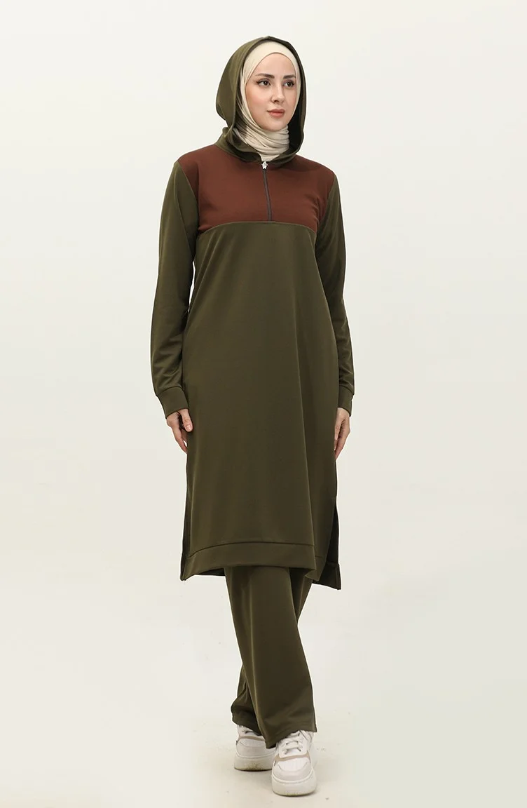 Sefa Merve Hooded Zippered Two Piece Suit 3021-02 Khaki