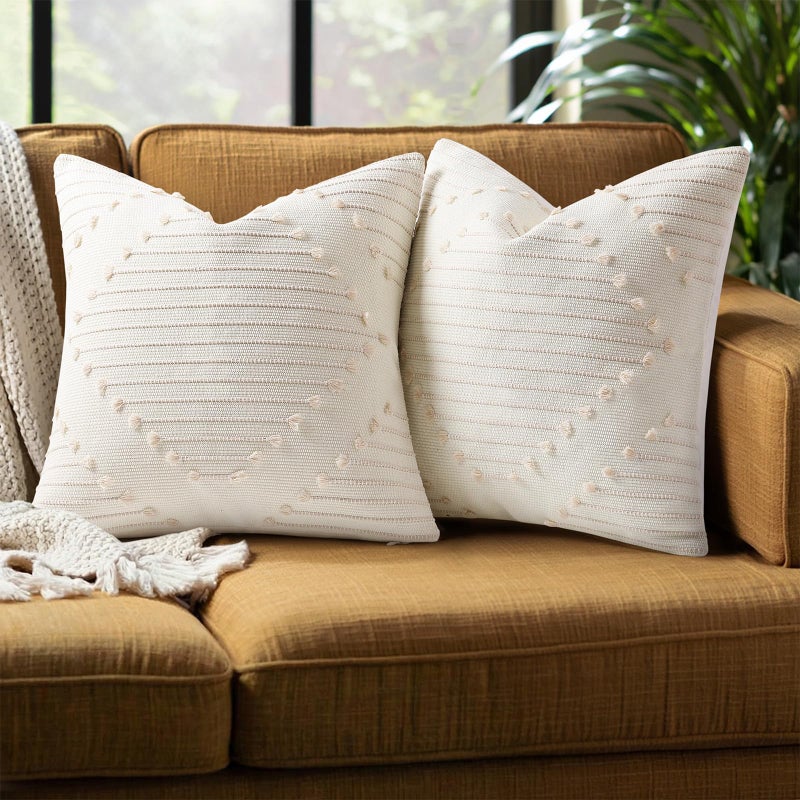 Mecatny Boho Summer Outdoor Throw Pillow Covers 18X18 Set of 2, Farmhouse Decorative Pillow Covers for Couch Sofa Living Room, Beige & Cream White - Image 1