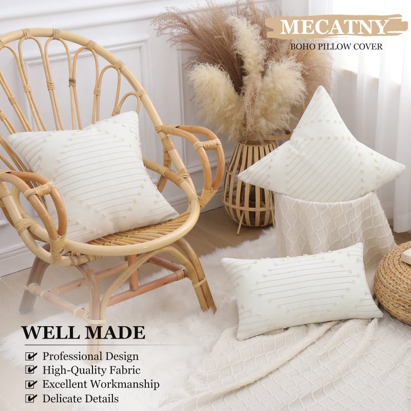 Mecatny Boho Summer Outdoor Throw Pillow Covers 18X18 Set of 2, Farmhouse Decorative Pillow Covers for Couch Sofa Living Room, Beige & Cream White - Image 5