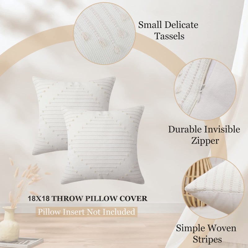 Mecatny Boho Summer Outdoor Throw Pillow Covers 18X18 Set of 2, Farmhouse Decorative Pillow Covers for Couch Sofa Living Room, Beige & Cream White - Image 4