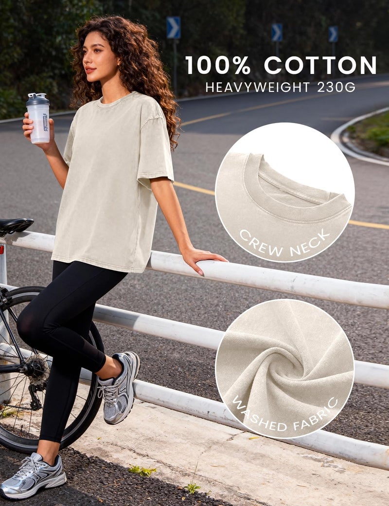 PEHMEA 3 Pcs Women's Oversized T-Shirts Cotton Short Sleeve Vintage Washed Baggy Boyfriend Streetwear Summer Tops(Black+Beige+Khaki-L) - Image 4