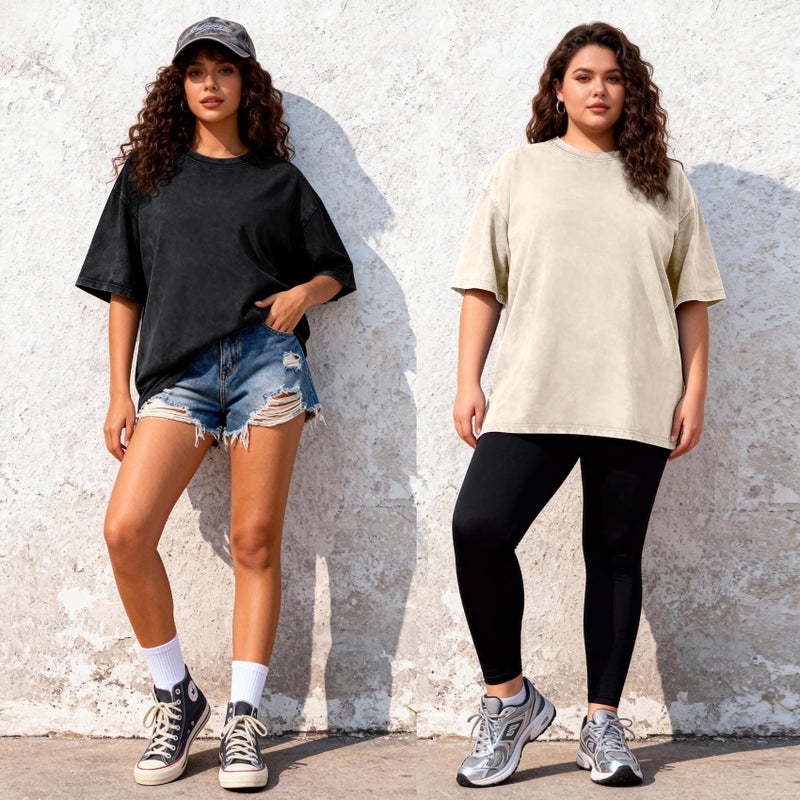 PEHMEA 3 Pcs Women's Oversized T-Shirts Cotton Short Sleeve Vintage Washed Baggy Boyfriend Streetwear Summer Tops(Black+Beige+Khaki-L) - Image 3