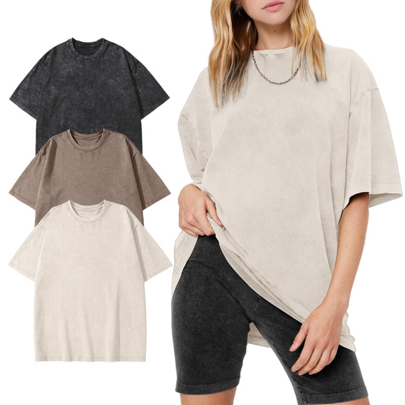 PEHMEA 3 Pcs Women's Oversized T-Shirts Cotton Short Sleeve Vintage Washed Baggy Boyfriend Streetwear Summer Tops(Black+Beige+Khaki-L) - Image 1
