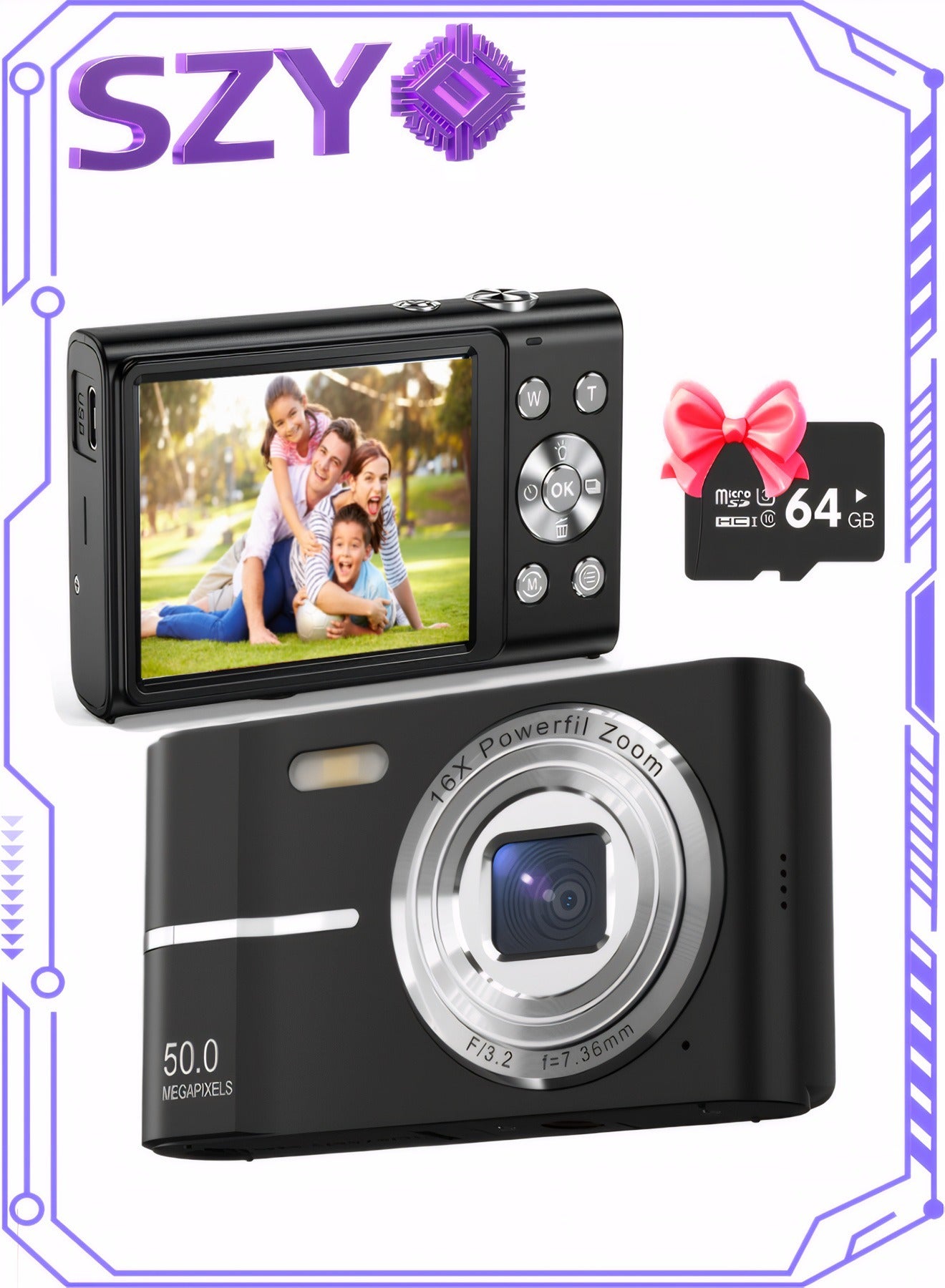 Digital Camera with 64GB SD Card, Vlogging Camera, Kids Camera, Point and Shoot Digital Cameras, 16X Zoom, Anti Shake, Compact Small Camera for Boys Girls, Black
