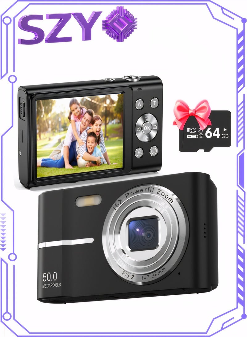 سوبر زي يوث كاميرا رقمية مع بطاقة SD سعة 64 جيجابايت، كاميرا تسجيل فيديو، كاميرا للأطفال، كاميرات رقمية سريعة الالتقاط، تكبير 16X، مضادة للاهتزاز، كاميرا صغيرة مدمجة للأولاد والبنات، لون أسود - Image 1