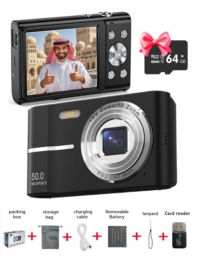 سوبر زي يوث كاميرا رقمية مع بطاقة SD سعة 64 جيجابايت، كاميرا تسجيل فيديو، كاميرا للأطفال، كاميرات رقمية سريعة الالتقاط، تكبير 16X، مضادة للاهتزاز، كاميرا صغيرة مدمجة للأولاد والبنات، لون أسود - Image 2