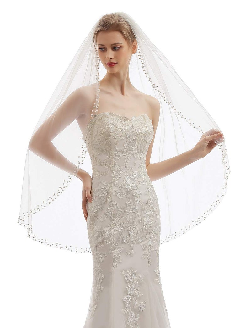ELAWBTY Womens 1 Tier Fingertip Length Pearl Wedding Bridal Veil With Comb X12 Ivory - Image 4