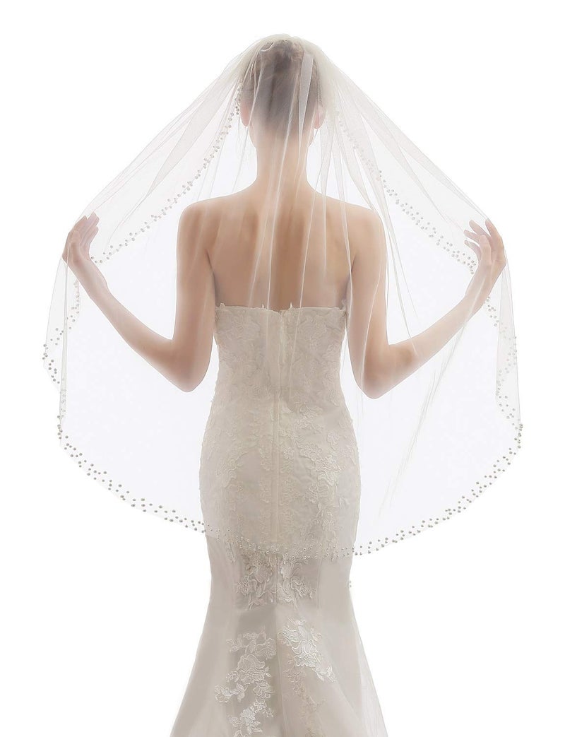 ELAWBTY Womens 1 Tier Fingertip Length Pearl Wedding Bridal Veil With Comb X12 Ivory - Image 1