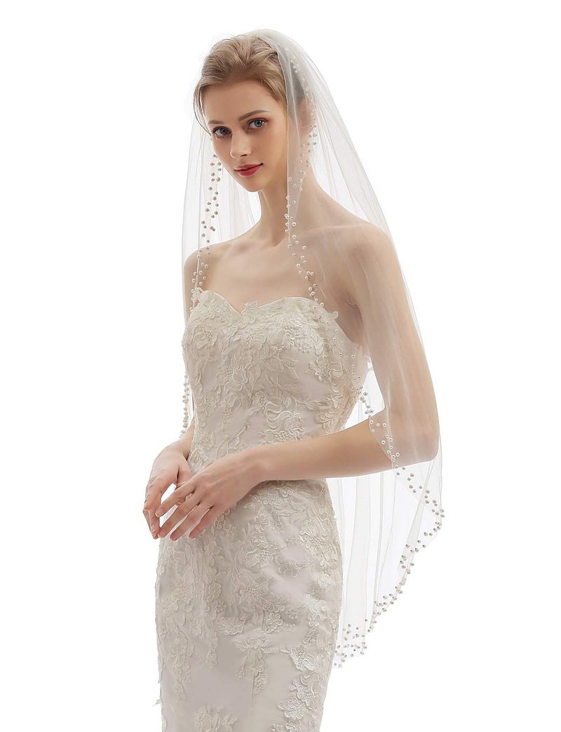 ELAWBTY Womens 1 Tier Fingertip Length Pearl Wedding Bridal Veil With Comb X12 Ivory - Image 2