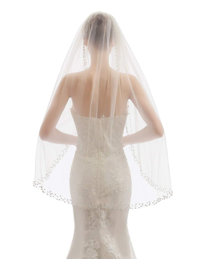 ELAWBTY Womens 1 Tier Fingertip Length Pearl Wedding Bridal Veil With Comb X12 Ivory - Image 5