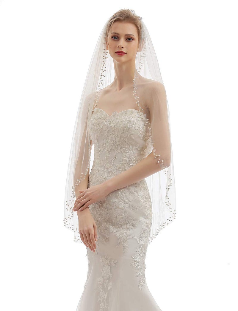 ELAWBTY Womens 1 Tier Fingertip Length Pearl Wedding Bridal Veil With Comb X12 Ivory - Image 3