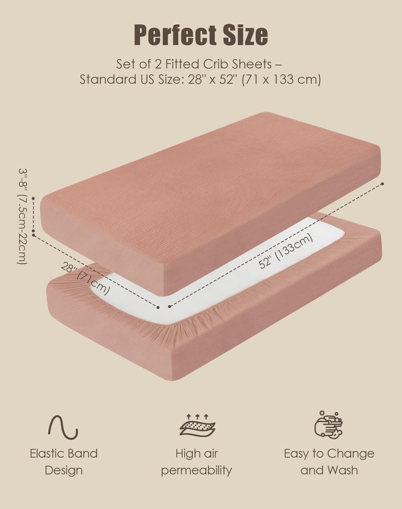 SWEET DOLPHIN 2-Pack Muslin Crib Sheets for Boys & Girls, Ultra Soft Breathable 40S Long-Staple Cotton Fitted Baby Sheets for Standard Crib Mattress 52"x28", Light Bean Paste- Nursery Essentials - Image 5