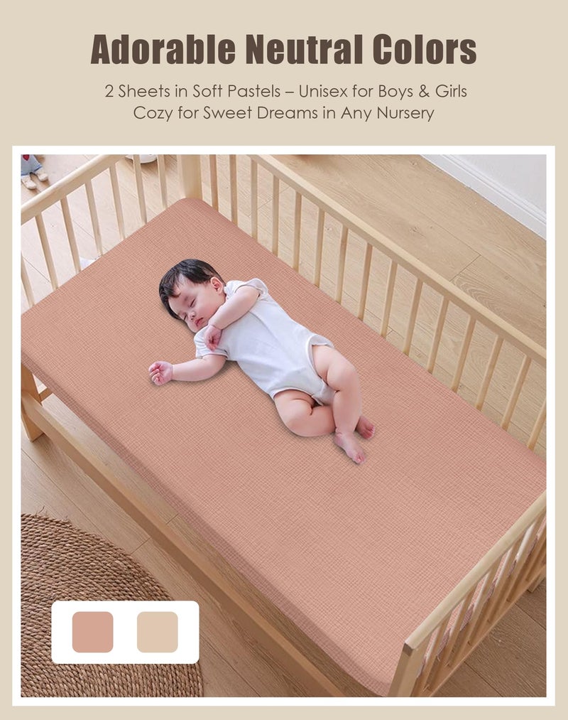 SWEET DOLPHIN 2-Pack Muslin Crib Sheets for Boys & Girls, Ultra Soft Breathable 40S Long-Staple Cotton Fitted Baby Sheets for Standard Crib Mattress 52"x28", Light Bean Paste- Nursery Essentials - Image 4