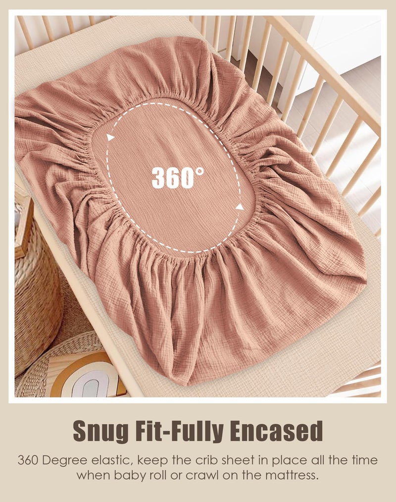 SWEET DOLPHIN 2-Pack Muslin Crib Sheets for Boys & Girls, Ultra Soft Breathable 40S Long-Staple Cotton Fitted Baby Sheets for Standard Crib Mattress 52"x28", Light Bean Paste- Nursery Essentials - Image 3