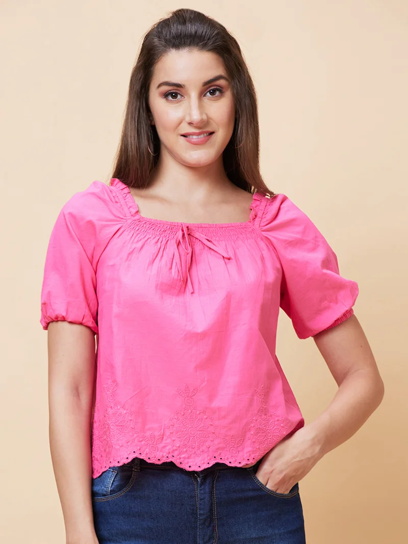 globus Women Embroidered Puff Sleeves Square Neck Schiffli Square Neck Smocked Pure Cotton Top