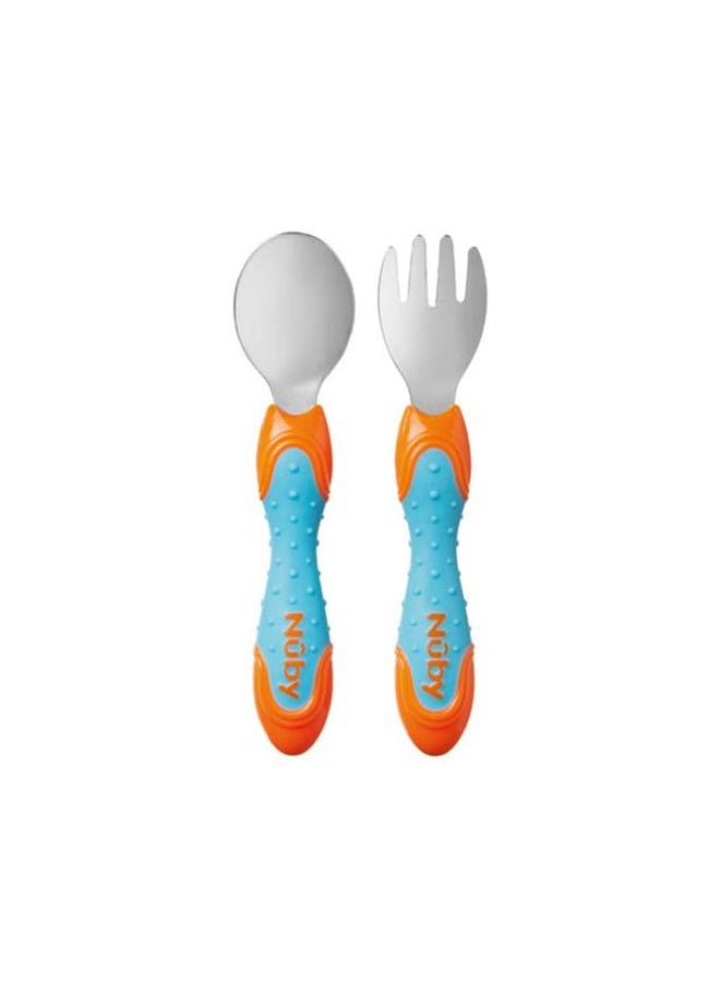 Nuby Stainless Steel Cutlery Set, Toddler Fork and Spoon Set with Easy Grip Handles, Self Feeding Utensils for Daily Mealtime, Assorted - Image 1