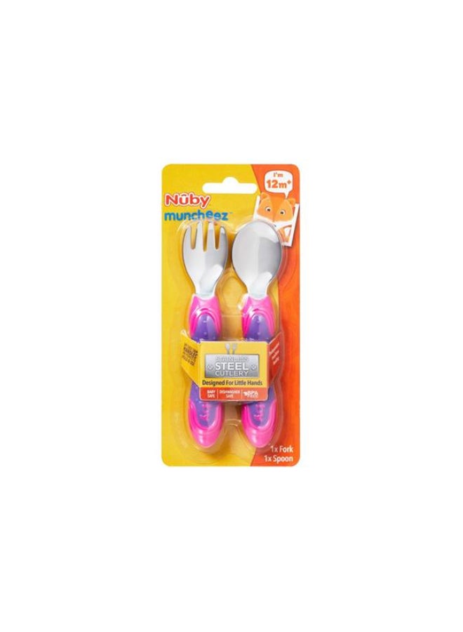Nuby Stainless Steel Cutlery Set, Toddler Fork and Spoon Set with Easy Grip Handles, Self Feeding Utensils for Daily Mealtime, Assorted - Image 2