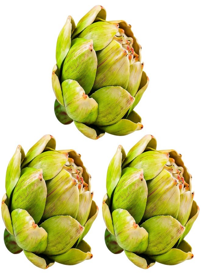 Gresorth ديكور خرشوف صناعي كبير من جريزورث 3 قطع عرض خضار مزيف زينة فاكهة واقعية مزيفة حديقة مطبخ حفلة عيد الشكر - أخضر - Image 1