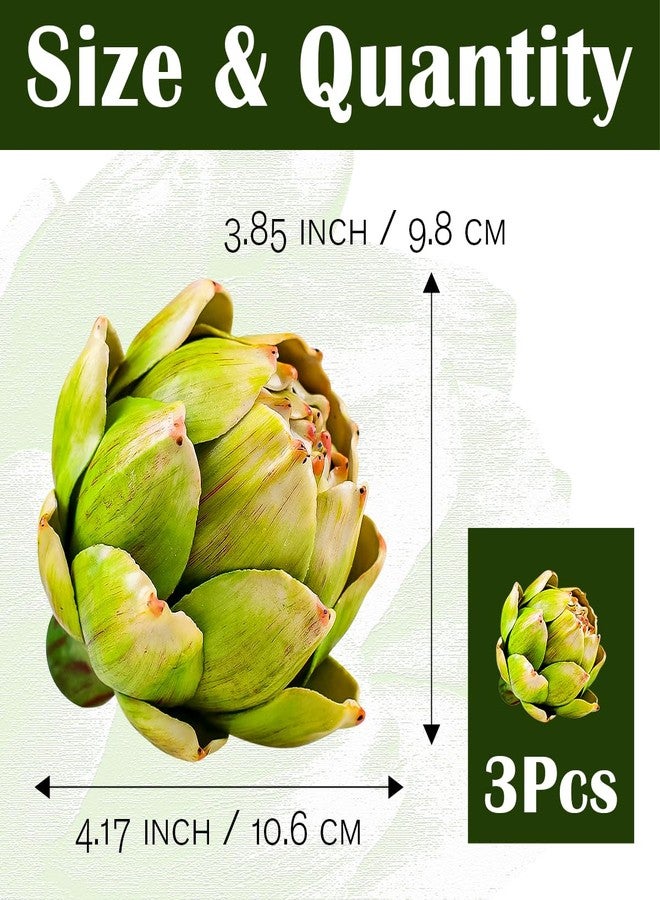 Gresorth ديكور خرشوف صناعي كبير من جريزورث 3 قطع عرض خضار مزيف زينة فاكهة واقعية مزيفة حديقة مطبخ حفلة عيد الشكر - أخضر - Image 2