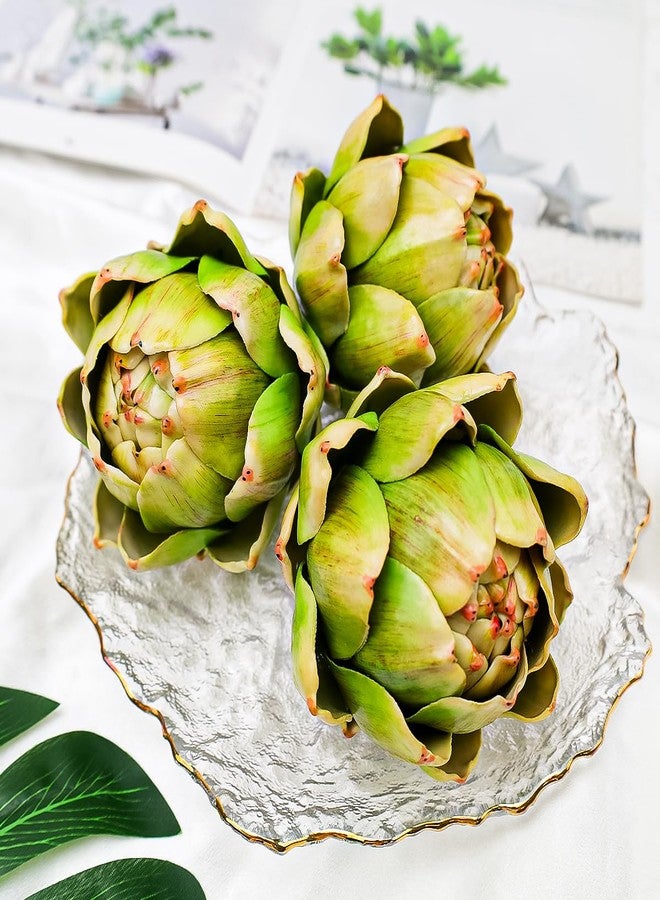 Gresorth ديكور خرشوف صناعي كبير من جريزورث 3 قطع عرض خضار مزيف زينة فاكهة واقعية مزيفة حديقة مطبخ حفلة عيد الشكر - أخضر - Image 5