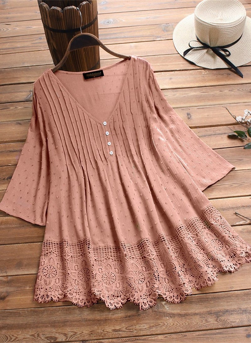 Loquat V-neck Dress Pure Color Simple Pink - Image 1