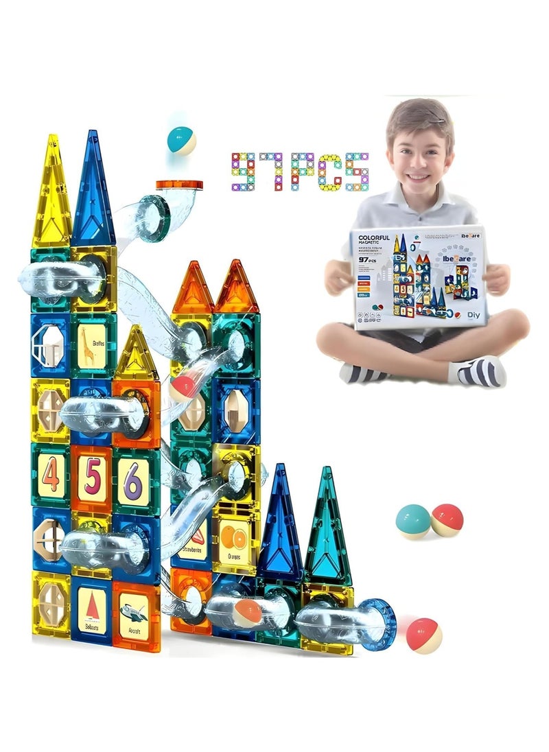 Magnetic Building Tiles - 97 Pcs Set of Vibrant 3D Blocks, Encourages Creative Construction, Promotes Educational Brain Development, Stimulates Imagination, STEM Toy for Kids 3+ Years  - Image 1
