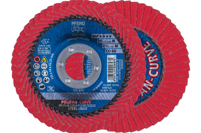 PFERD POLIFANÂ®-Curve Radial Type Flap Disc - 4-1/2" x 7/8", 60 Grit Ceramic Oxide - for Steel and Stainless Steel (INOX) Grinding - Pack of 1 - Part 67234 - Image 1