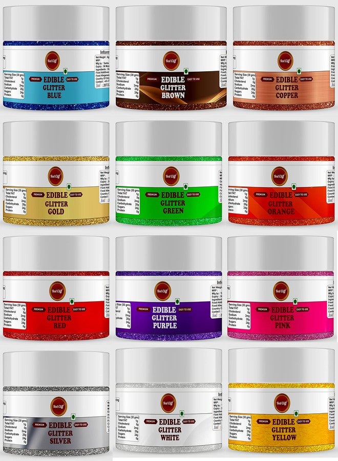 RED CLIFF Premium Edible Glitter - Combo Pack of 12 | Metallic Glitter Ideal for Cake Icing Decoration & Garnishing | 9g | (Edible Glitters | 9gX12 |) - Image 1