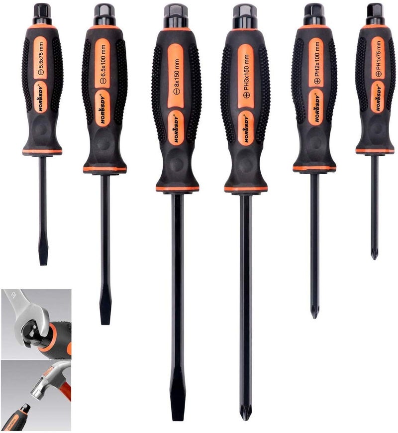 HORUSDY 6-Pieces Magnetic Screwdriver Set, 3 Phillips and 3 Flat Head Tips Screwdriver for Fastening, Chiselling and Loosening Seized Screws (New Screwdriver Set) - Image 1