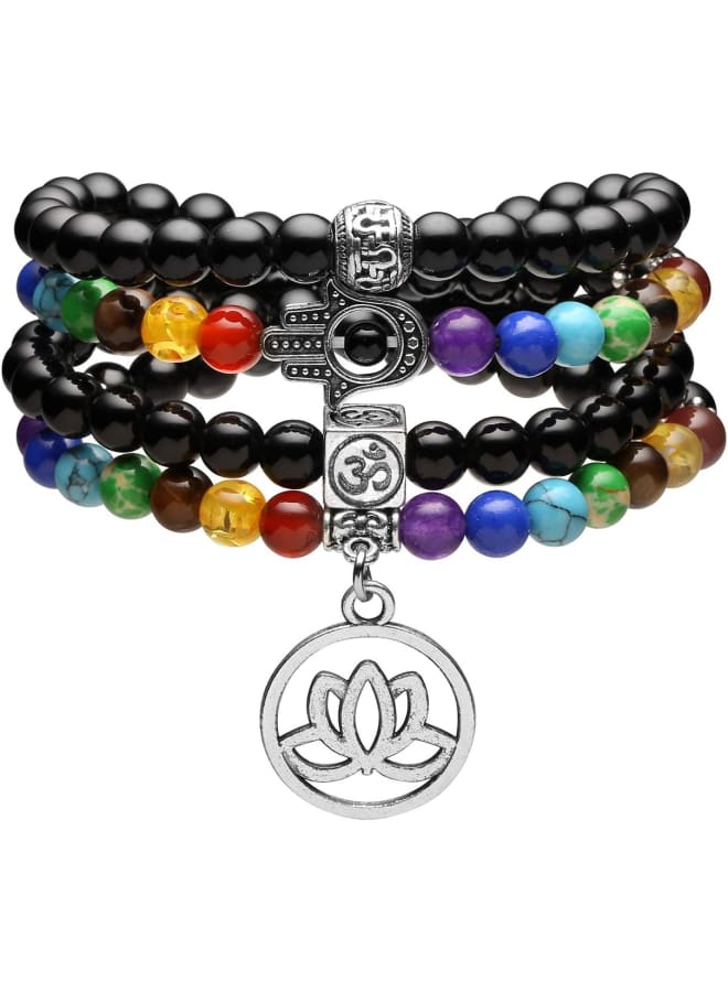 108 Mala Beads Obsidian Necklace,Natural 7 Chakra Black Obsidian Crystal Gemstone Prayer Beads Meditation Wrap Bracelet Lotus OM Symbol Lucky Charms Jewellery  - Image 1