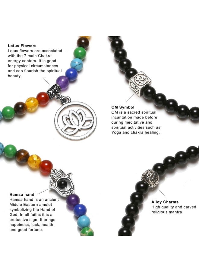 108 Mala Beads Obsidian Necklace,Natural 7 Chakra Black Obsidian Crystal Gemstone Prayer Beads Meditation Wrap Bracelet Lotus OM Symbol Lucky Charms Jewellery  - Image 3