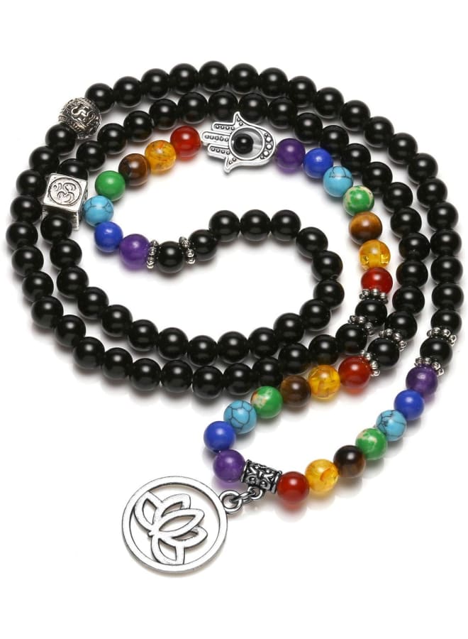 108 Mala Beads Obsidian Necklace,Natural 7 Chakra Black Obsidian Crystal Gemstone Prayer Beads Meditation Wrap Bracelet Lotus OM Symbol Lucky Charms Jewellery  - Image 2