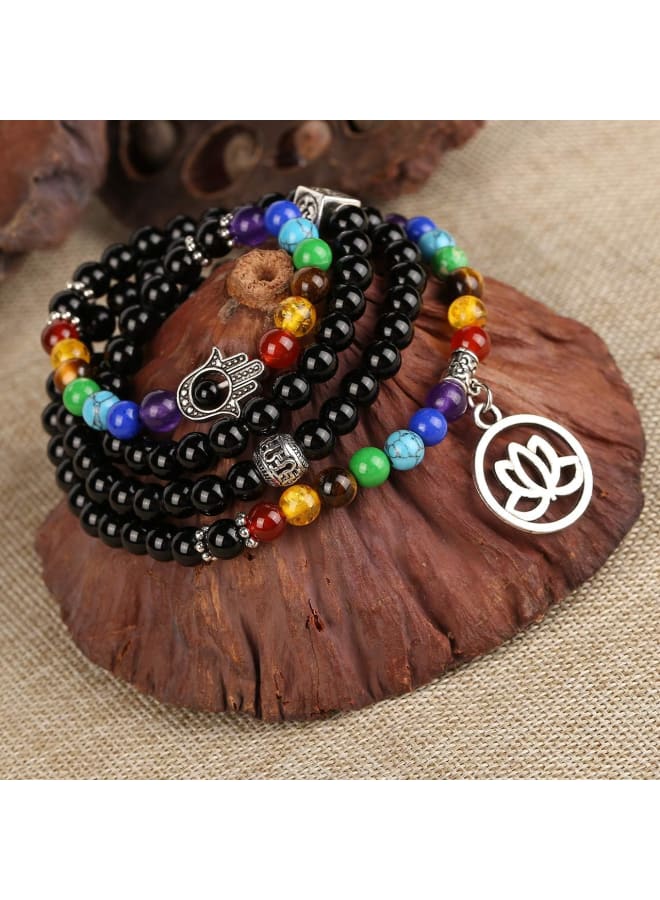 108 Mala Beads Obsidian Necklace,Natural 7 Chakra Black Obsidian Crystal Gemstone Prayer Beads Meditation Wrap Bracelet Lotus OM Symbol Lucky Charms Jewellery  - Image 4
