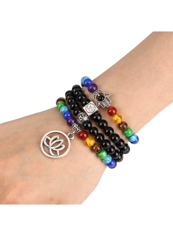 108 Mala Beads Obsidian Necklace,Natural 7 Chakra Black Obsidian Crystal Gemstone Prayer Beads Meditation Wrap Bracelet Lotus OM Symbol Lucky Charms Jewellery  - Image 5