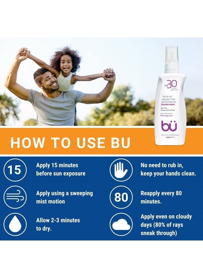 Bu - SPF 30 Ultrafine WOWmist Sunscreen Spray - Clear, Non Greasy, Non Toxic, Non Comedogenic. Sweat & Water-Resistant. Travel, Sport, Sensitive Skin (White Sage, 3.3 oz) - Image 1