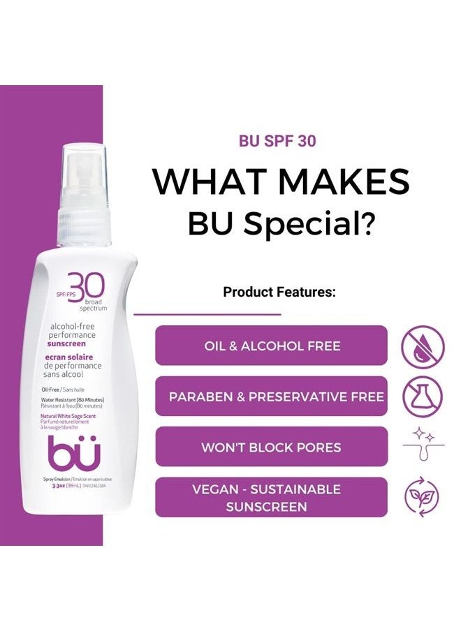 Bu - SPF 30 Ultrafine WOWmist Sunscreen Spray - Clear, Non Greasy, Non Toxic, Non Comedogenic. Sweat & Water-Resistant. Travel, Sport, Sensitive Skin (White Sage, 3.3 oz) - Image 1