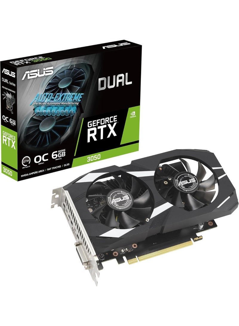 Dual GeForce RTX 3050 OC Edition Graphics Card, 6GB GDDR6 96-Bit Memory, 1537 MHz OC Boost Clock, 2304 CUDA Cores, 14 Gbps Memory Speed, PCI Express 4.0, OpenGL®4.6 | 90YV0K60-M0NA00 - Image 1