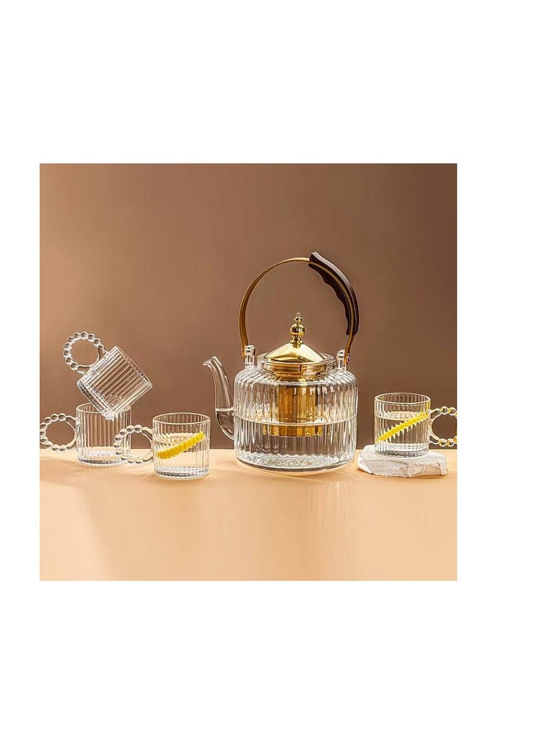 5-piece thermal tea set 1 1-liter kettle with wooden lid and crystal handle 4 200ml Pyrex mugs with bubble handles - Image 1