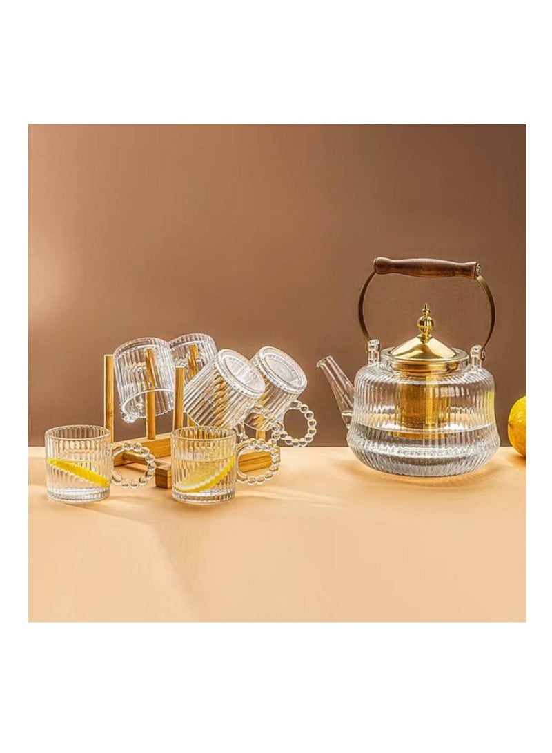 5-piece thermal tea set 1 1-liter kettle with wooden lid and crystal handle 4 200ml Pyrex mugs with bubble handles - Image 2