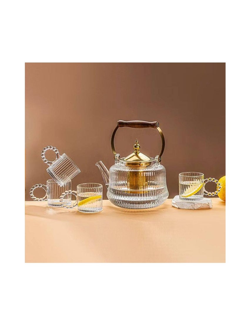 5-piece thermal tea set 1 1-liter kettle with wooden lid and crystal handle 4 200ml Pyrex mugs with bubble handles - Image 3