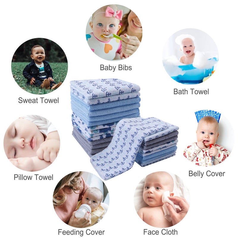softan Baby Washcloths, 24Pack Baby Wash Cloths Extra Soft & Ultra Absorbent, Baby Towels and Washcloths Face Towel Unisex for Boys Girls Body, Washclothes Gentle on Sensitive Skin, 9x9 Whale & Anchor - Image 2