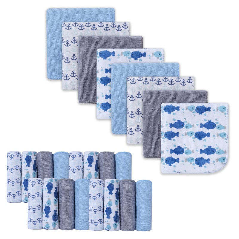 softan Baby Washcloths, 24Pack Baby Wash Cloths Extra Soft & Ultra Absorbent, Baby Towels and Washcloths Face Towel Unisex for Boys Girls Body, Washclothes Gentle on Sensitive Skin, 9x9 Whale & Anchor - Image 1