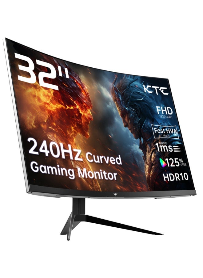شاشة ألعاب KTC منحنية 32 بوصة 240 هرتز 1500R 1080P 125% sRGB 1 مللي ثانية، Freesync/G-sync HDR10، منافذ HDMI/DP/USB VESA، قابلة للتعديل، Xbox PS5 Switch، أسود - Image 1