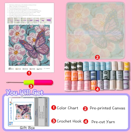 LAPATAIN Latch Hook Kits for DIY Throw Pillow Cover,Purple Butterfly Needlework Cushion Cover Hand Craft Crochet for Great Family 17x17inch - Image 2