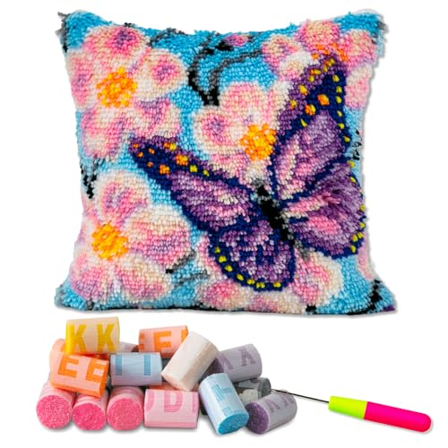 LAPATAIN Latch Hook Kits for DIY Throw Pillow Cover,Purple Butterfly Needlework Cushion Cover Hand Craft Crochet for Great Family 17x17inch - Image 1