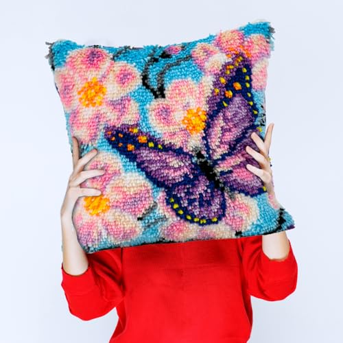 LAPATAIN Latch Hook Kits for DIY Throw Pillow Cover,Purple Butterfly Needlework Cushion Cover Hand Craft Crochet for Great Family 17x17inch - Image 5